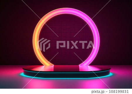 illustration of 3d rendering abstract podium neon circle tunneling lights for ecommerce signs retail 108199831