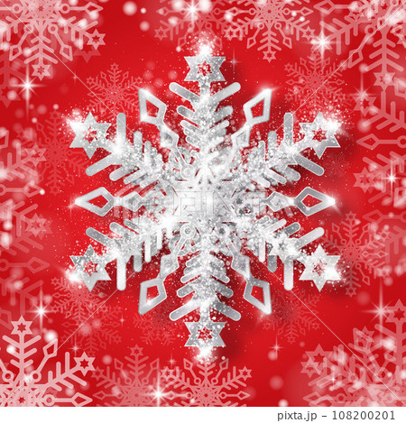 A silver snowflake with highlights and sequins on a red winter background. 108200201