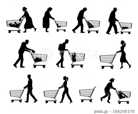 Man and woman push shopping cart silhouette, people shopping, shopper silhouettes on white 108200370