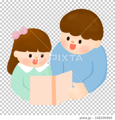 Kid reading book with dad brother 108200400