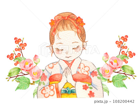 手を合わせる着物の女の子と椿の水彩イラスト 手を合わせる着物の女の子と椿の水彩イラスト 108200442
