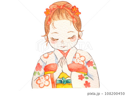 手を合わせる着物の女の子の水彩画 手を合わせる着物の女の子の水彩画 108200450