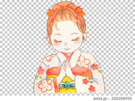 手を合わせる着物の女の子の水彩画 手を合わせる着物の女の子の水彩画 108200450