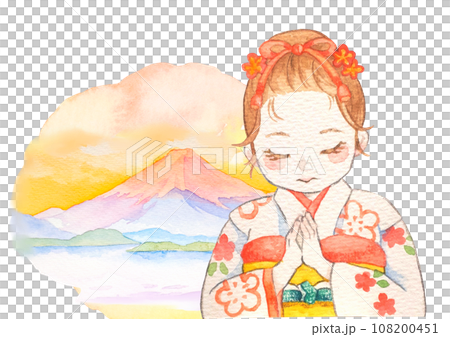 Watercolor painting of a girl in a kimono holding hands and Mt. Fuji Watercolor painting of a girl in a kimono holding hands and Mt. Fuji 108200451
