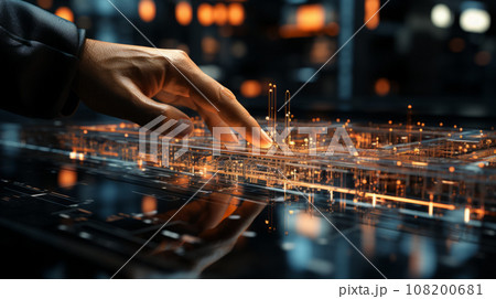 Hand touching data wave on screen. Futuristic and information technology concept 108200681