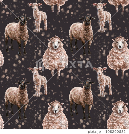 Seamless pattern of their farm sheep and rams. Simple rural life on pasture, farm animals, nature and plants. Provincial style. Domestic herd on the ranch. Digital illustration, background 108200882