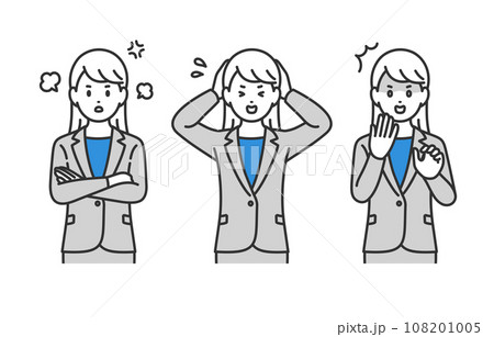 怒り･ショックのポーズをするビジネスパーソン女性のセット【人物ベクターイラスト素材】 108201005