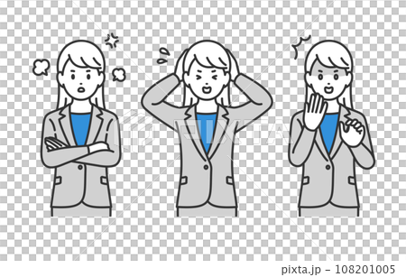 怒り･ショックのポーズをするビジネスパーソン女性のセット【人物ベクターイラスト素材】 108201005