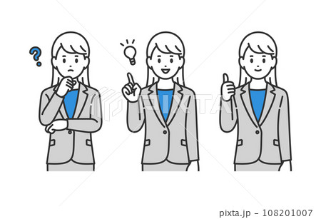 疑問・ひらめく・グッドのポーズをするビジネスパーソン女性のセット【人物ベクターイラスト素材】 疑問・ひらめく・グッドのポーズをするビジネスパーソン女性のセット【人物ベクターイラスト素材】 108201007
