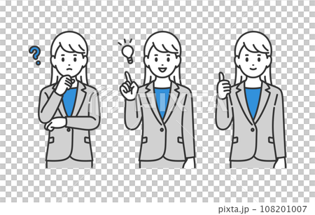 疑問・ひらめく・グッドのポーズをするビジネスパーソン女性のセット【人物ベクターイラスト素材】 疑問・ひらめく・グッドのポーズをするビジネスパーソン女性のセット【人物ベクターイラスト素材】 108201007