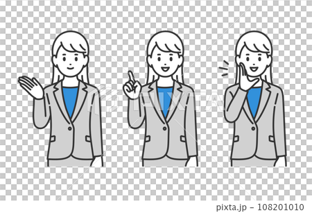 案内･指差し･呼びかけのポーズをするビジネスパーソン女性のセット【人物ベクターイラスト素材】 108201010