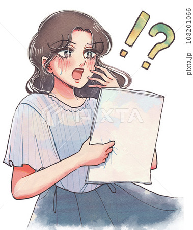 チラシを見て驚く、少女漫画風の30代女性の手描きイラスト チラシを見て驚く、少女漫画風の30代女性の手描きイラスト 108201066