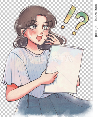 チラシを見て驚く、少女漫画風の30代女性の手描きイラスト チラシを見て驚く、少女漫画風の30代女性の手描きイラスト 108201066