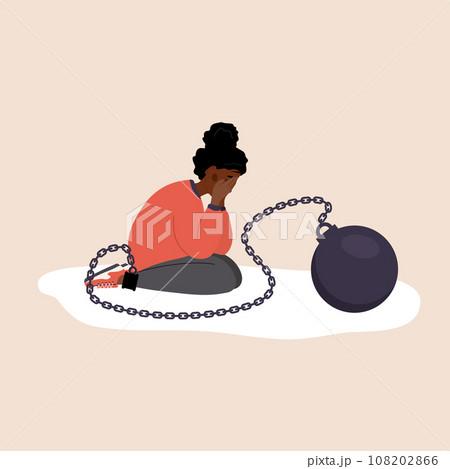 Self flagellation. Sad african woman with heavy wrecking ball feeling guilty. Concept of psychological self-harm, criticism, judgment. Mental problems. Vector illustration in flat cartoon style 108202866