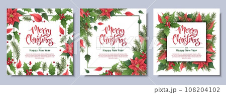 Set of Christmas greeting card, with winter plants, poinsettia, holly berry, spruce, traditional symbol.Vignette, frame, on a white background for greeting card, invitation, banner, flyer. Set of Christmas greeting card, with winter plants, poinsettia, holly berry, spruce, traditional symbol.Vignette, frame, on a white background for greeting card, invitation, banner, flyer. 108204102