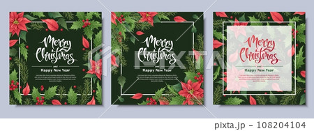 Set of Christmas greeting card, with winter plants, poinsettia, holly berry, spruce, traditional symbol.Vignette, frame, on a white background for greeting card, invitation, banner, flyer. Set of Christmas greeting card, with winter plants, poinsettia, holly berry, spruce, traditional symbol.Vignette, frame, on a white background for greeting card, invitation, banner, flyer. 108204104