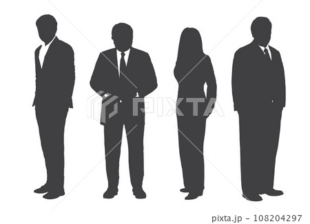 Business people group gray silhouettes pose on white background, flat line vector and illustration. 108204297