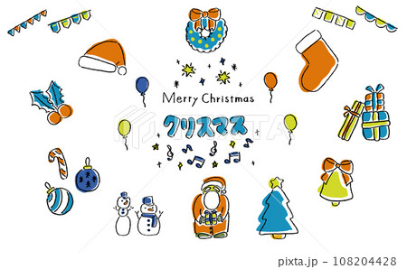 かわいい手描きのカラフルなクリスマスのイラスト素材セット かわいい手描きのカラフルなクリスマスのイラスト素材セット 108204428