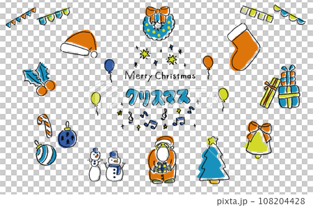 かわいい手描きのカラフルなクリスマスのイラスト素材セット かわいい手描きのカラフルなクリスマスのイラスト素材セット 108204428