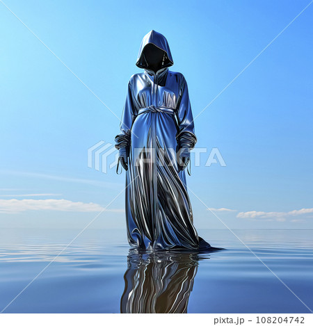 Surreal Image of a Faceless Figure in a Mirrored Bodysuit on Water Surface against Blue Sky 108204742