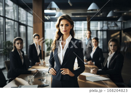 Confident Businesswoman in Formal Attire with Hands on Hips in a Meeting Room with Other Young Women 108204823