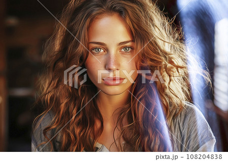 Frontal Portrait of a Young Red-Haired Woman with Freckles and a Disappointed Sad Expression 108204838