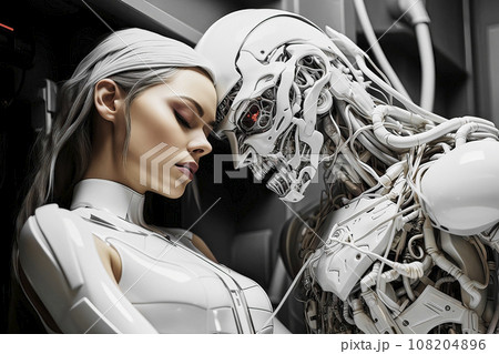 Metallic Robot and White-Haired Android Woman Stand Lovingly Close 108204896