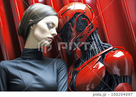 Red Robot Rests Its Head Against the Forehead of a Young White Woman with Closed Eyes 108204897