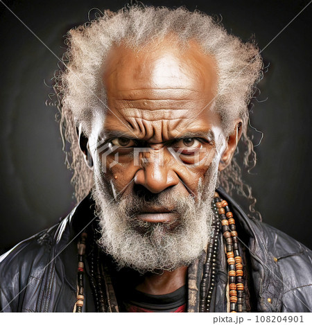 Elderly Australian Indigenous Man with Gray Hair, Leather Jacket, and Wooden Necklace Gazes Angrily with Furrowed Brow 108204901