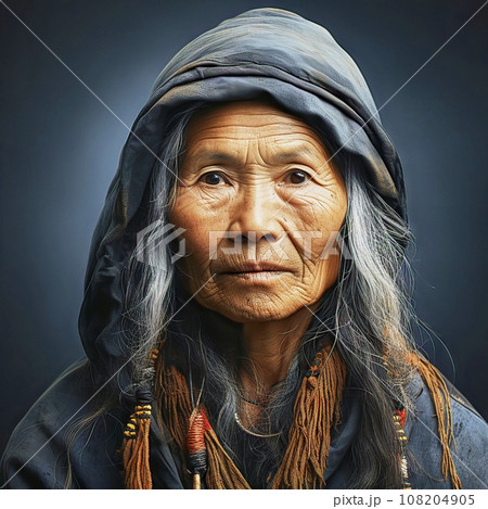 Elderly Inuit Woman with Wrinkled Face and Light Blue Anorak Hood Pulled Over Head Looks Sadly Forward 108204905