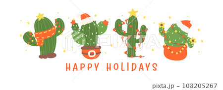 Cute Christmas Cactus Cartoon banner, Kawaii Retro Western plant Hand Drawing and Festive Flat Design Cute Christmas Cactus Cartoon banner, Kawaii Retro Western plant Hand Drawing and Festive Flat Design 108205267