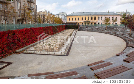 An open fragment of the White City Wall on Pokrovsky Boulevard in the center of the Russian capital. An open fragment of the White City Wall on Pokrovsky Boulevard in the center of the Russian capital. 108205589