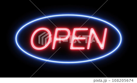ネオン　バー　OPEN　文字　ブルー　黒背景 108205674