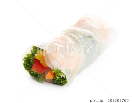 Delicious roll wrapped in rice paper isolated on white Delicious roll wrapped in rice paper isolated on white 108205769