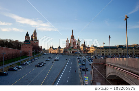St. Basil's Cathedral and Vasilievsky Descent at the walls of the Moscow Kremlin on a spring evening. St. Basil's Cathedral and Vasilievsky Descent at the walls of the Moscow Kremlin on a spring evening. 108205878