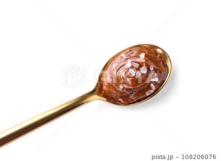 Salted caramel in spoon isolated on white 108206076