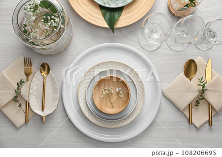 Elegant festive setting on white wooden table, flat lay 108206695