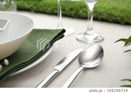 Elegant cutlery with on table, closeup. Festive setting 108206719