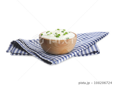 Fresh sour cream with onion and fabric on white background 108206724