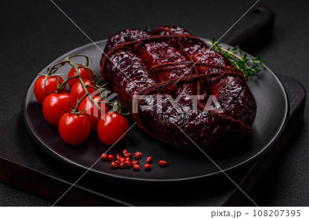 Delicious black blood sausage or black pudding with spices and herbs 108207395