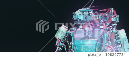 Futuristic layout with robot and copy space for your text. Artificial intelligence, digital technology. Digital smart world metaverse. Empty space. Humanoid, cyborg. Robotics technology, sci-fi. 3D. 108207724