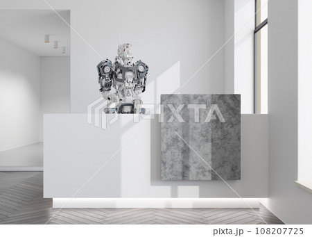 Robot working on reception. Artificial intelligence, digital technology. Humanoid, cyborg. Robotics technology, sci-fi. Robots replacing humans at work. Technological progress. 3D render. 108207725