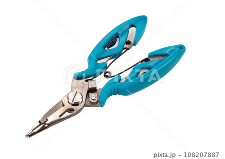 Tackle pliers for fishing blue color isolated on white background. Tackle pliers for fishing blue color isolated on white background. 108207887