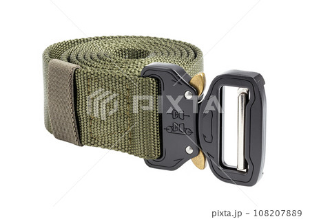 Green mens nylon fastening belt isolated on white background. Green mens nylon fastening belt isolated on white background. 108207889