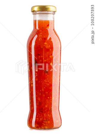 Bottle of tomato sauce isolated on white isolated background. File contains clipping path. 108207893