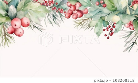 Christmas border with fir branches and flowers on white background. Watercolor Christmas and New Year background Christmas border with fir branches and flowers on white background. Watercolor Christmas and New Year background 108208318