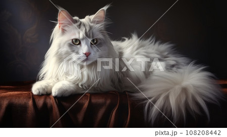A pedigreed purebred Maine Coon Cat at an exhibition of purebred cats. Cat show. Animal exhibition. Competition for the most purebred cat. Winner, first place, main prize. A pedigreed purebred Maine Coon Cat at an exhibition of purebred cats. Cat show. Animal exhibition. Competition for the most purebred cat. Winner, first place, main prize. 108208442