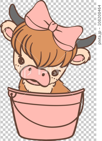 Baby Highland Cow sitting with Bow cartoon  108208464
