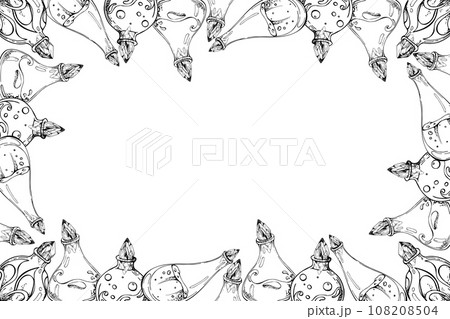 Hand drawn ink vector glass jar vial bottle for potion isolated horizontal frame. Sketch illustration art witchcraft, medicine, chemistry, alchemy. Design shops, logo, print, website, card, booklet 108208504