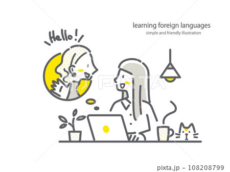 自宅でオンライン英会話に励む若い女性　シンプルでお洒落な線画イラスト 108208799